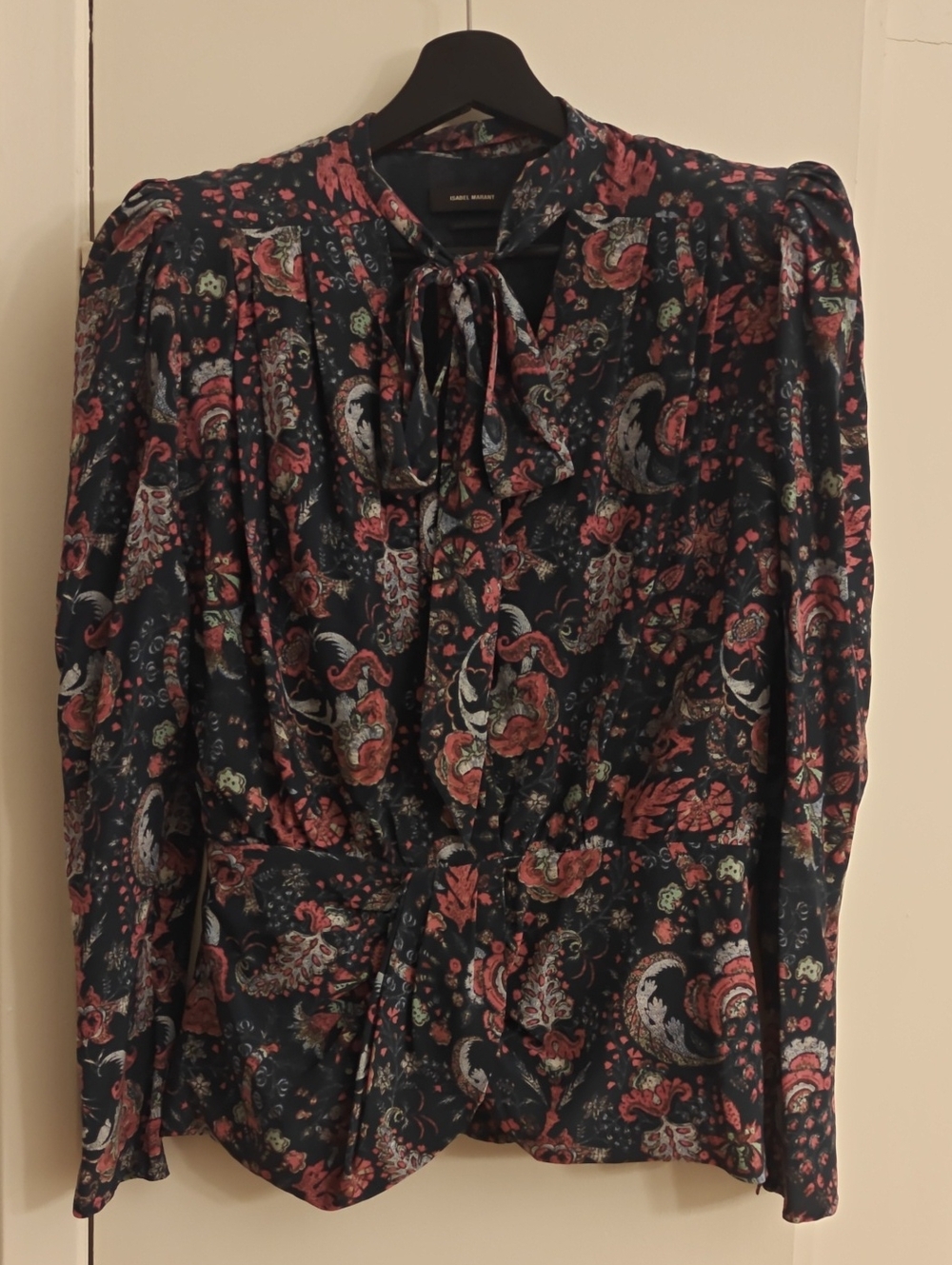 Isabel Marant Batozia Silk Blend Floral Paisley Tie-Neck Shoulder Blouse